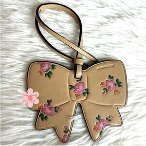 Coach Bow Floral Printed Tan Leather Bag Charm Fob